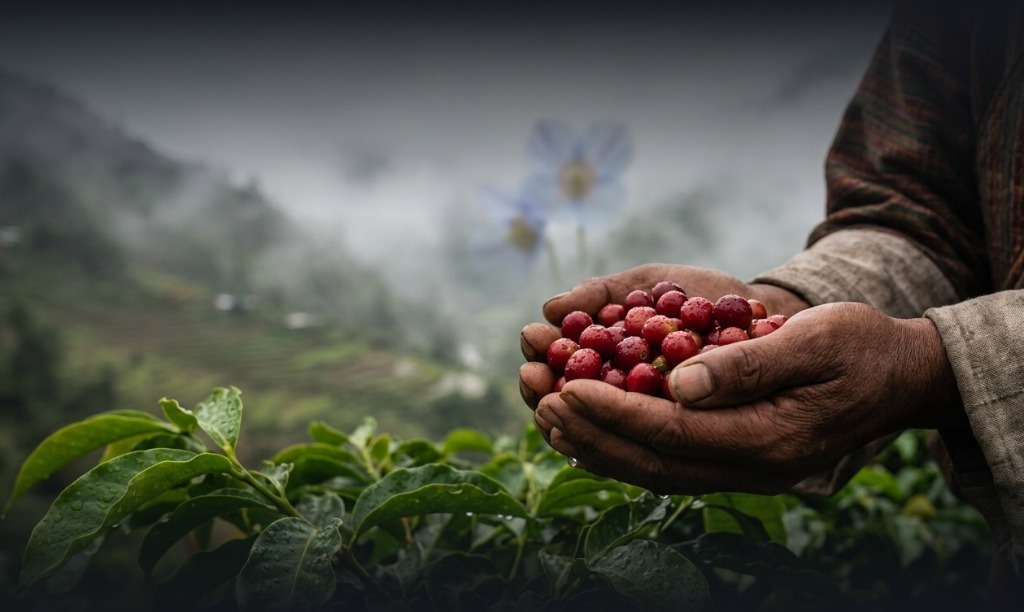Bhutanese farmer holding coffee cherries in misty mountains